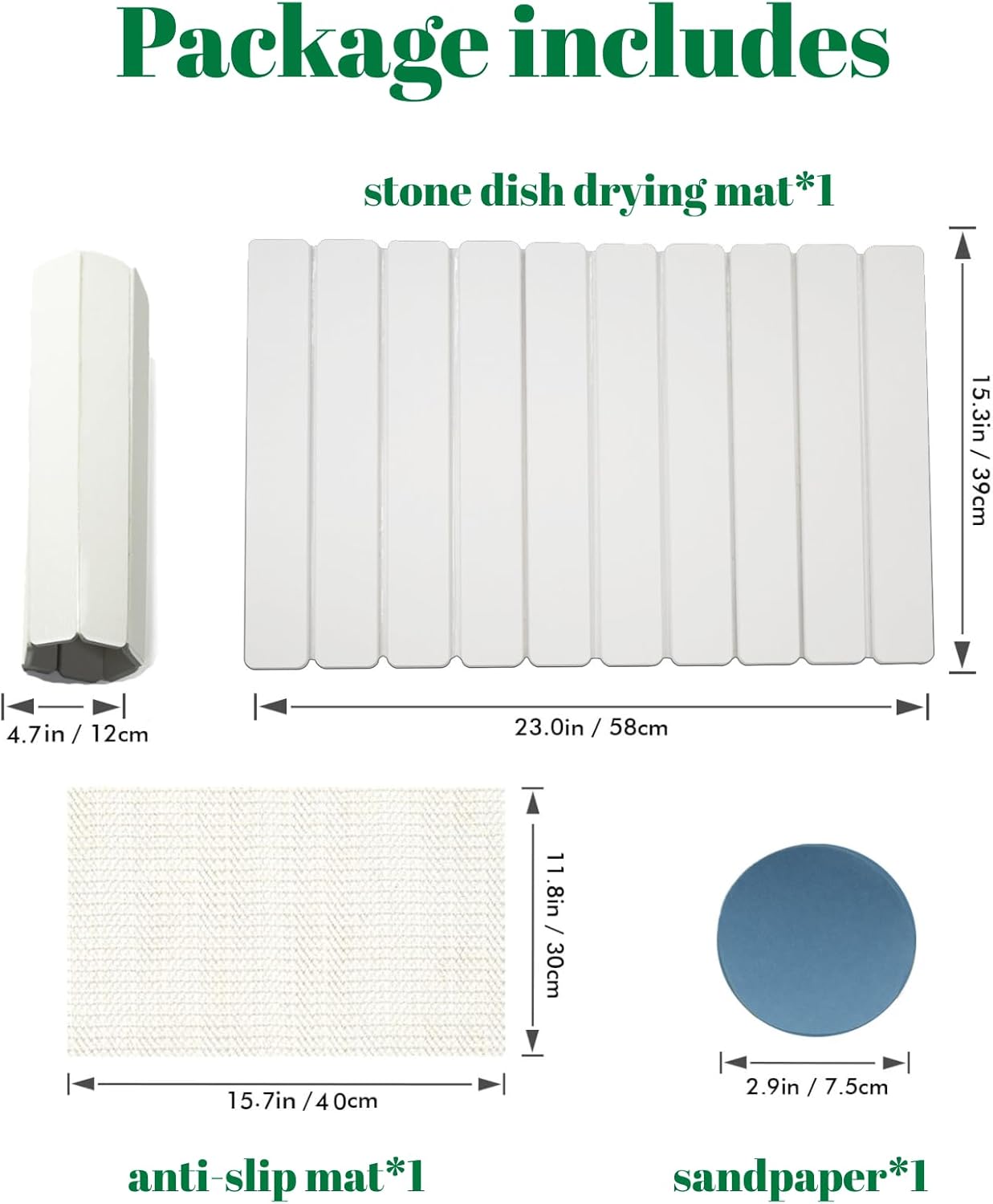 Dish Drying Mat, Diatomaceous Earth Absorbent Quick-Dry, Collapsible Stone Drying Mat for Kitchen Counter, Bath, Countertop, Dishes, Bottles, Cups, with Sandpaper & Non-slip Pad, 23"(L)x15.3"(W)