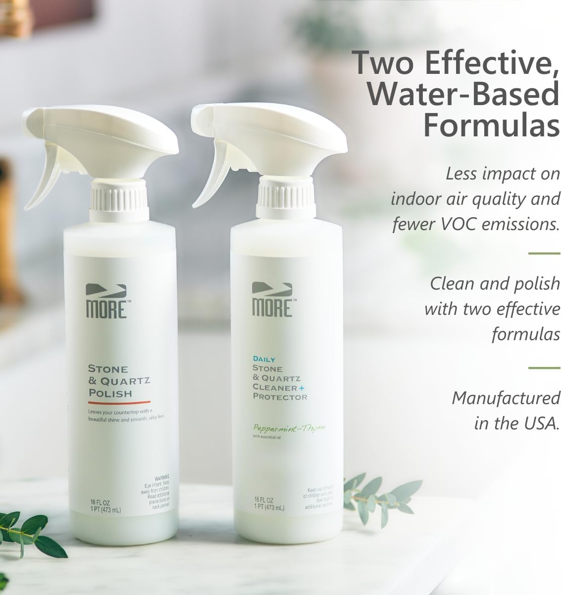 MORE - Twin Pack - Includes Stone & Quartz Cleaner + Polish - Granite, Quartz & Marble Cleaner & Polish - For Kitchen & Bathroom Countertops - Pack of 2 16oz Sprays - Peppermint-Thyme