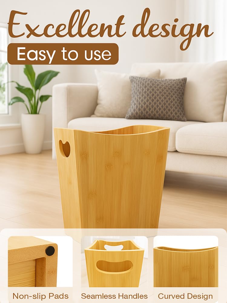 Wood Trash Can - Bedroom Trash Can Decorative with Handles - Bamboo Small Wastebaskets for Bathroom - 2 Gallon Rectangular Waste Basket for Office, Living Room, Kitchen Under Counter