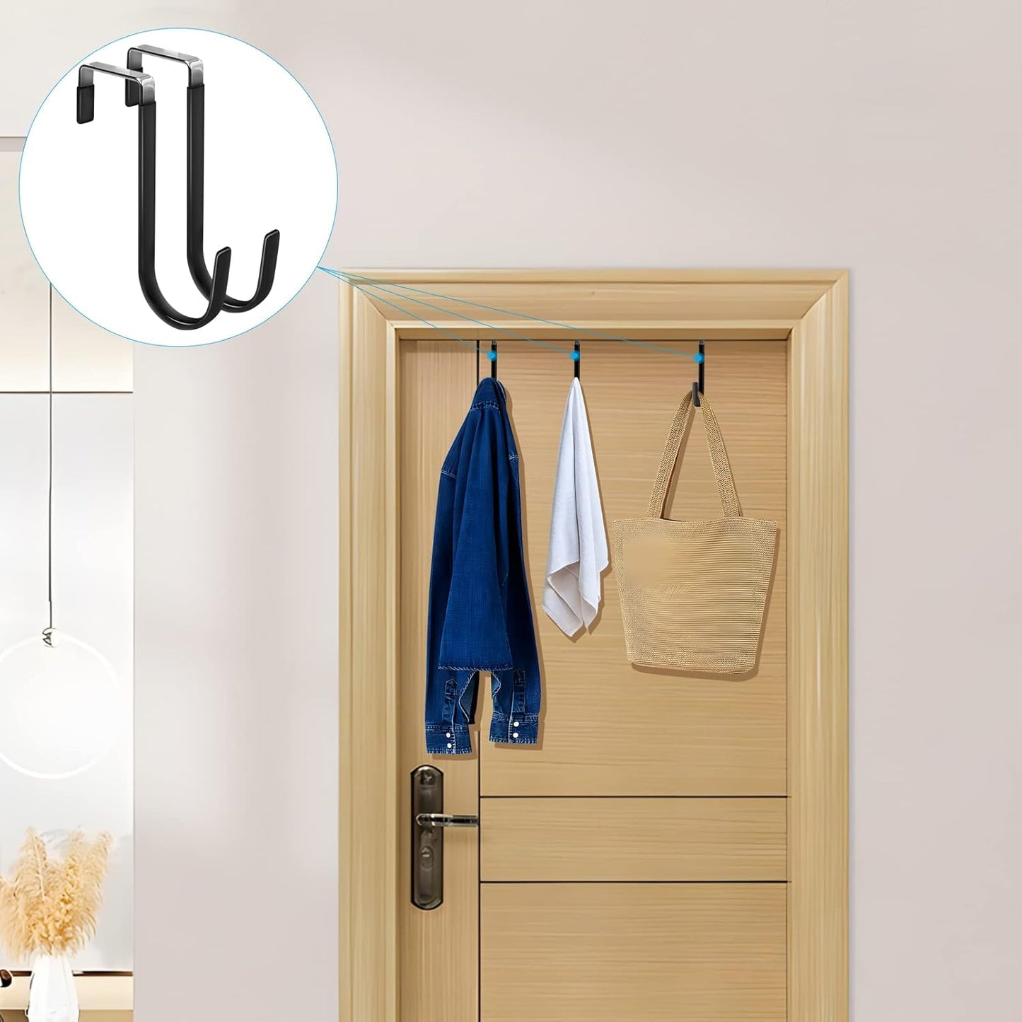 FYY Over the Door Hooks, 6 Pack Door Hangers Hooks with Rubber Prevent Scratches Heavy Duty Organizer Hooks for Living Room, Bathroom, Bedroom, Kitchen Hanging Clothes, Towels, Hats, Coats, Bags Black