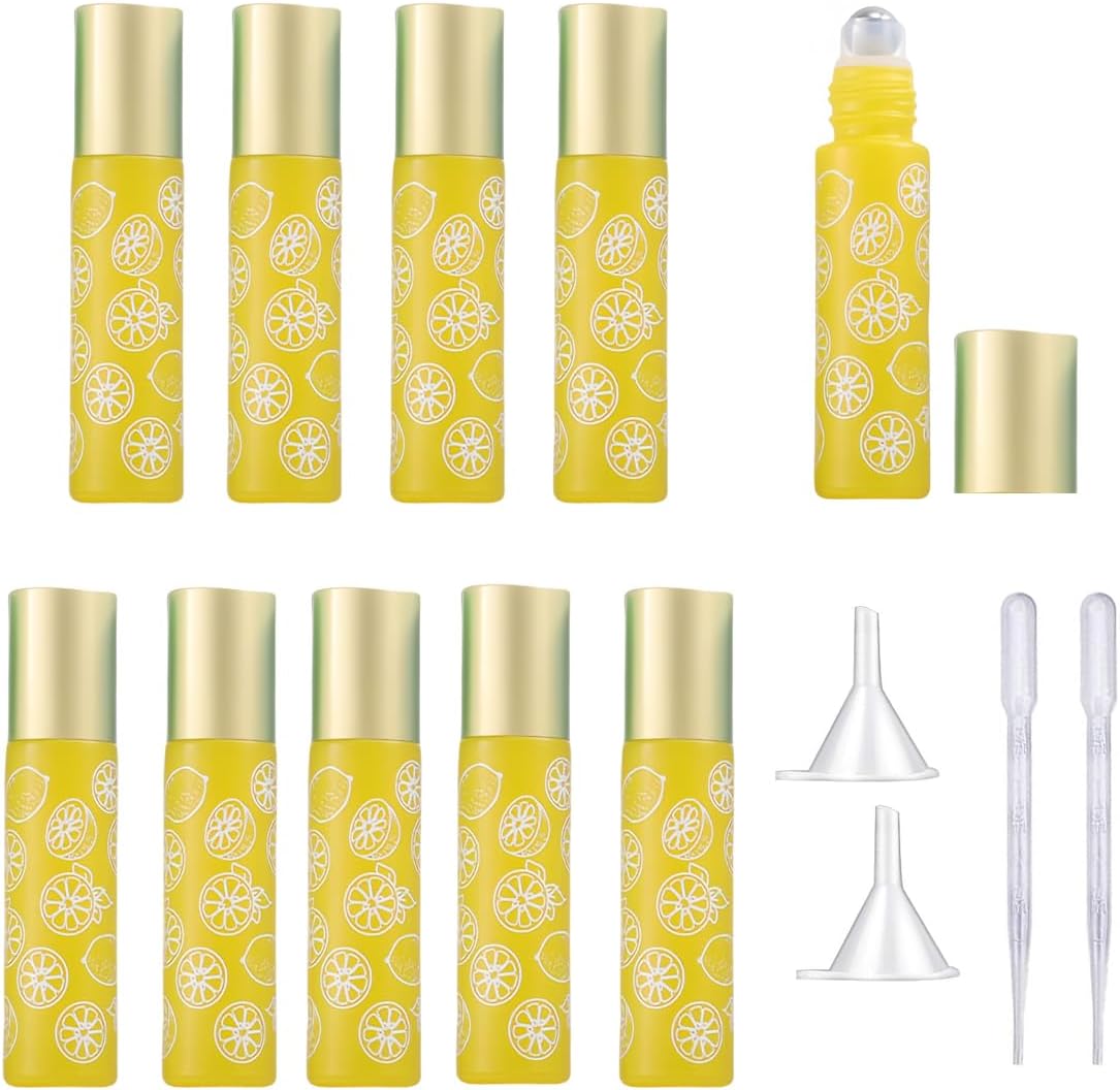10 Pcs Yellow Glass Essential Oil Roller Bottles,10ml Empty Refillable Roll on Bottles,Glass Travel Roller Bottles with Stainless Steel Roller Balls for Essential Oil,Perfume,Aromatherapy,Lip Balms