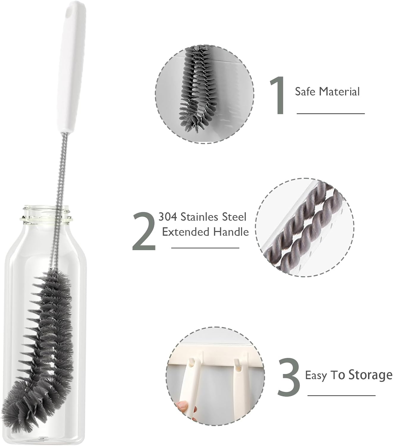 2-Pack 16 inches Long Handle Bottle Cleaning Brushes - Ideal for Coffee Glasses, Pots, Milk Cups, Mugs, Wine Bottles, and Baby Bottles (Black)