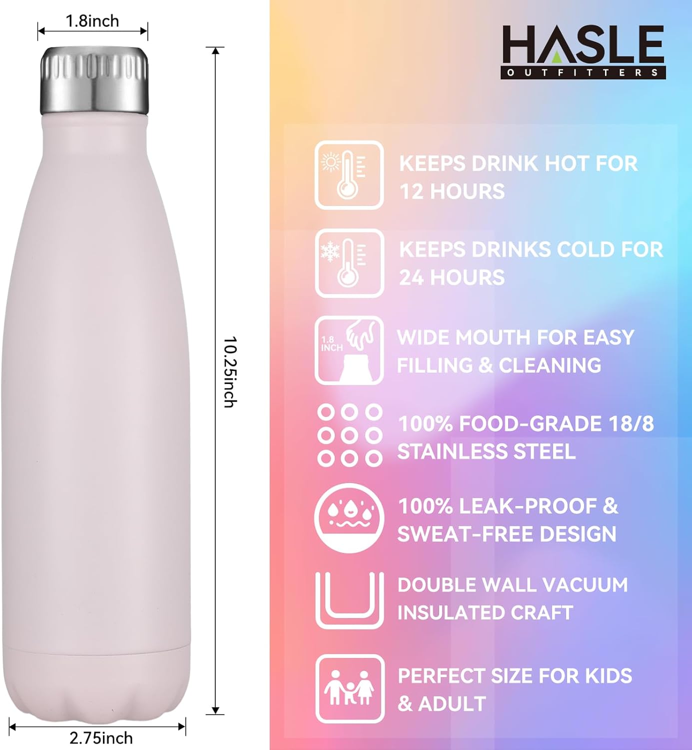 HASLE OUTFITTERS 17oz Stainless Steel Water Bottles Bulk, Vacuum Insulated Water Bottles Double Walled Powder Coated Reusable Metal Sports Water Bottles Keep Drinks Hot and Cold,Pink,4Packs