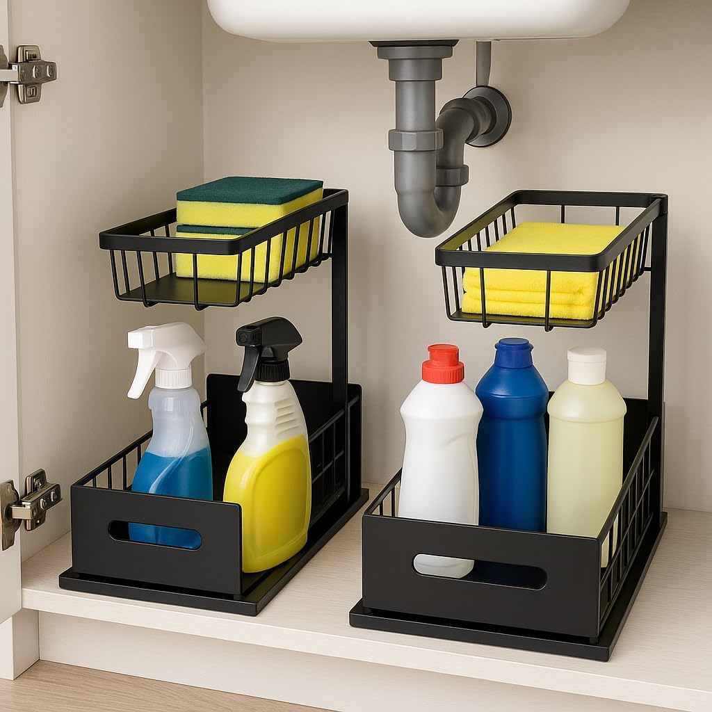 USTECH Under Sink Organizer, 2-Tier, Cabinet Organizer, Bathroom Organizer, Under Sink Organizers & Storage, Pack of 2
