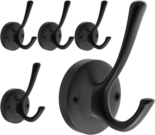Black Towel Hooks for Wall, 5 Pack Coat Robe Hook Heavy Duty Metal Double Bath Hook Wall Mounted, Hat Hooks for Cubicle Bathroom Kitchen Closet Garage