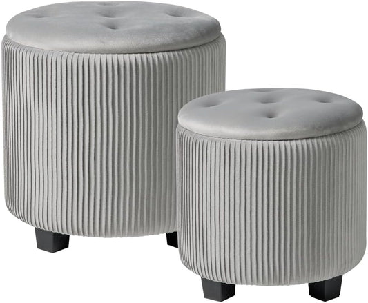 Big Round Ottoman with Storage Set of 2,Upholstered Velvet Vanity Stool for Makeup Multifunctional