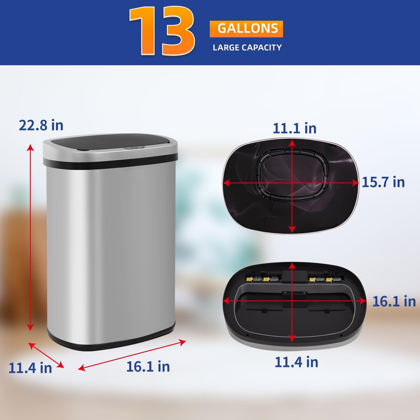 BestOffice | 13 Gallon Stainless Steel Trash Can with Lid | Steel