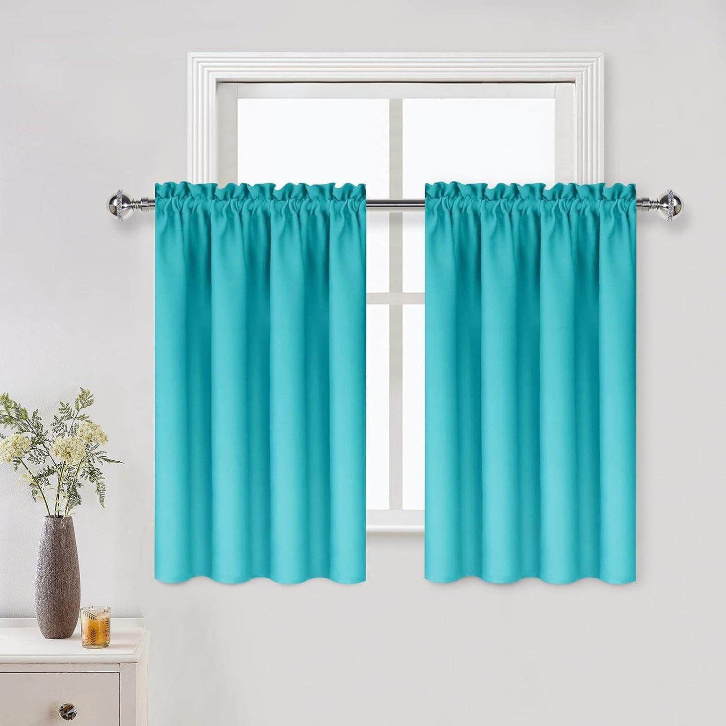 DWCN Thermal Short Blackout Curtains for Bedroom/Kitchen, Energy Saving Room Darkening Curtains for Nursery/Bedroom/Kitchen(W42 x L36 inch, Turquoise, Set of 2 Panels, Top of Rod Pocket)