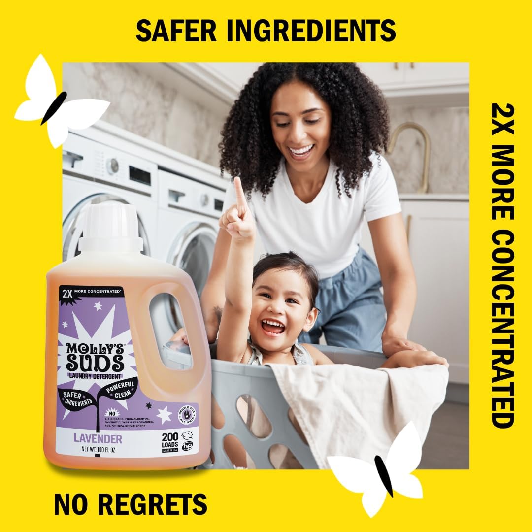 Molly's Suds Liquid Laundry Detergent | Clean Laundry Detergent Soap for Sensitive Skin | 2x Concentrated, High Efficiency (HE) | Lavender - 100 Loads