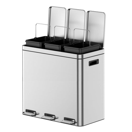 3 x 5.3 Gal (3 x 20L) Trash Can, Stainless Steel Triple Compartment Step-On Recycling Bin with Soft-Close Lids & Removable Plastic Inner Buckets for Kitchen, Home, Office