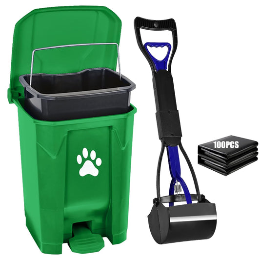 Outdoor Dog Poop Trash Can, Dog Waste Trash Can Pooper Scooper for Yard Garden Kitchen with Lid, Pedal, Removable Inner Bin, Large Waste Bag, Green (Fully Assembled)