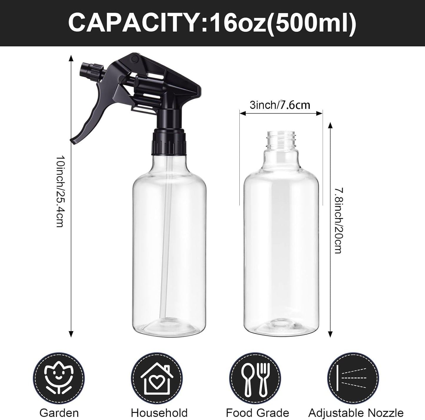Eccliy 12 Pcs 16 Oz Plastic Spray Bottle, Adjustable Empty Reusable Sprayer for Cleaning, Planting, Water, Bathroom and Kitchen, BBQ, Commercial and Residential(Muticolored,Clear)