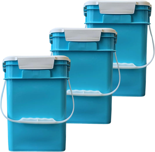 House Naturals 4 Gallon Square Food Grade Bucket Pail with Plastic Handles and Lid (Pack of 3) Made