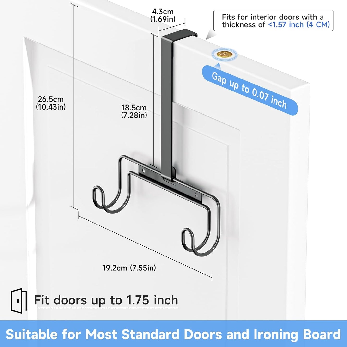 Over The Door & Wall Mount Ironing Board Hanger with Removable Hook, Metal Ironing Board Holder Organizer Wall Rack for Y & T Shaped (Black)