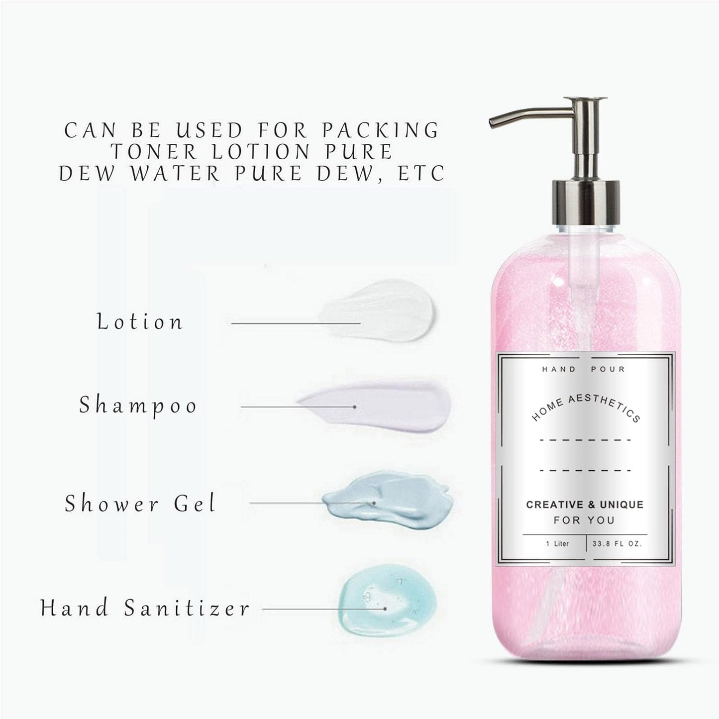 Refillable 32oz Dispenser Plastic Bottle 2pack with Steel Pumps, 1 Liter Crystal Clear Multi-Use Empty Container with Funnel for Shampoo, Conditioner, Body Wash, Liquid Hand Soap, Lotion