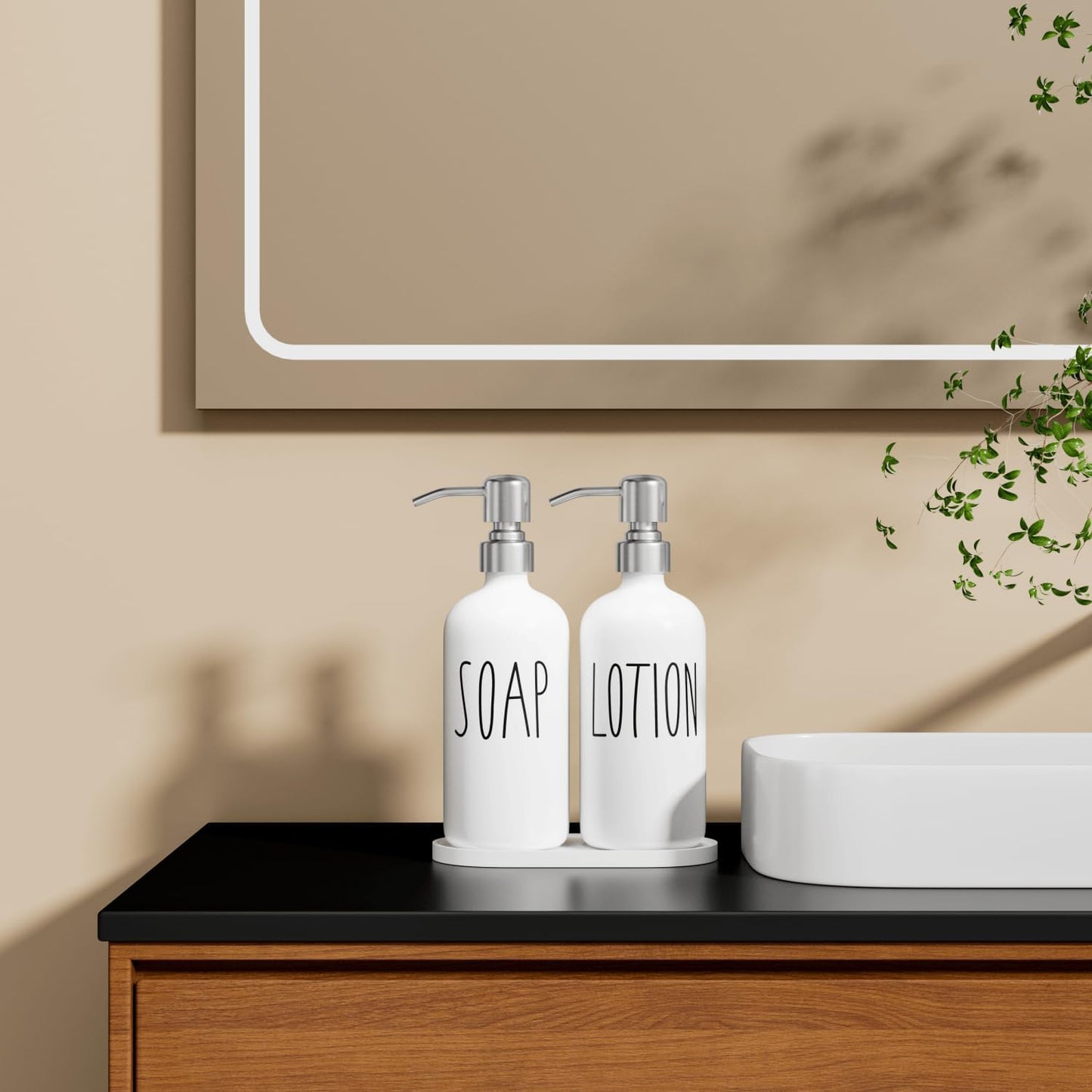 MOMEEMO Hand Soap Dispenser for Bathroom, Soap and Lotion Dispenser Set with Silver Metal Pump, Suitable for Farmhouse Bathroom Decor. (White & Silver)