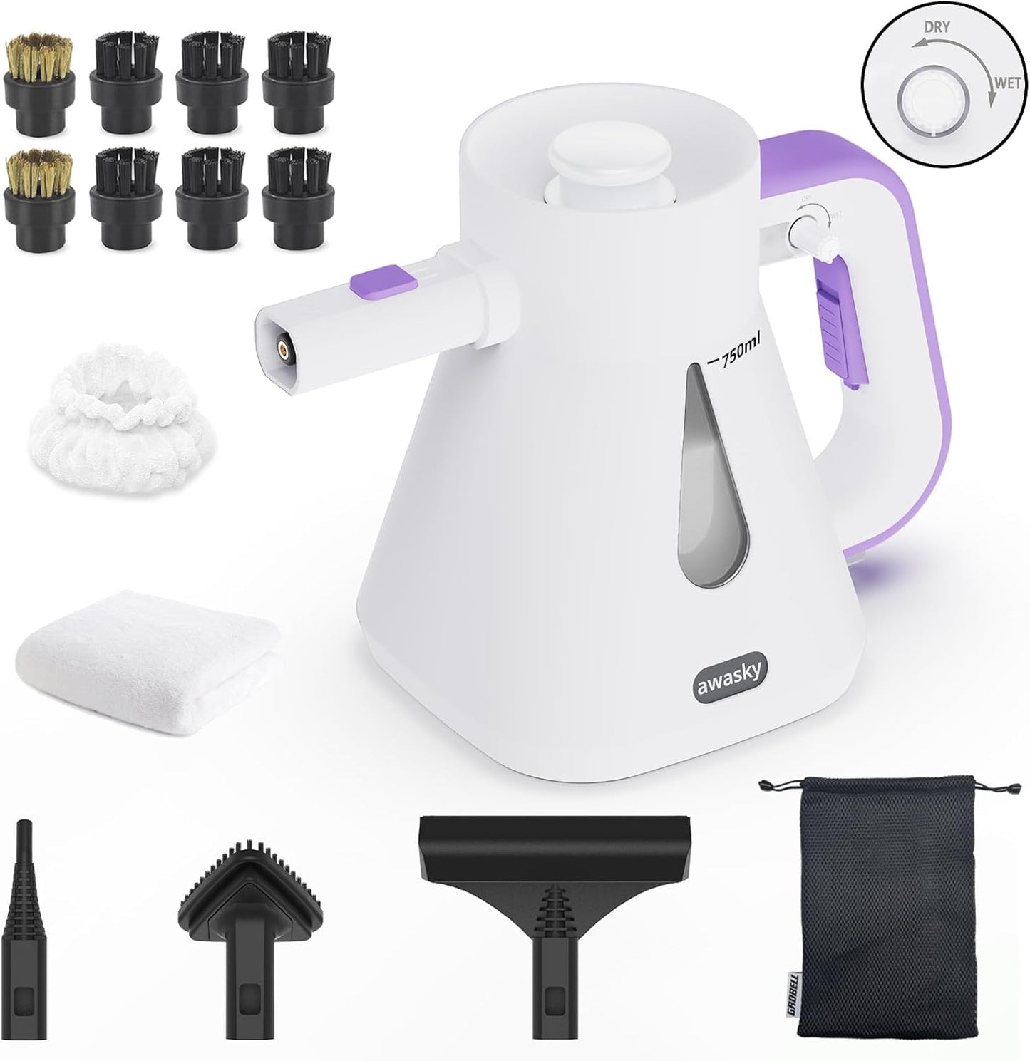 Steam Cleaner Handheld: 1200W Fast 10-Sec Heat-Up-750mL (25oz) Tank-No Cooling-Refill Anytime-Lockable Steam Trigger-14-Piece Kit Hand Held Steamer for Home Car Grout Tile Cleaning White