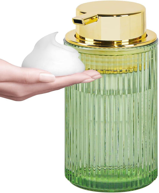 Green Foaming Soap Dispenser, Glass Foam Hand Soap Dispenser with Gold Pump, 12 Oz Bathroom Refillable Liquid Lotion Pump Ribbed Bottle Container for Kitchen Countertop Decor, 1pc