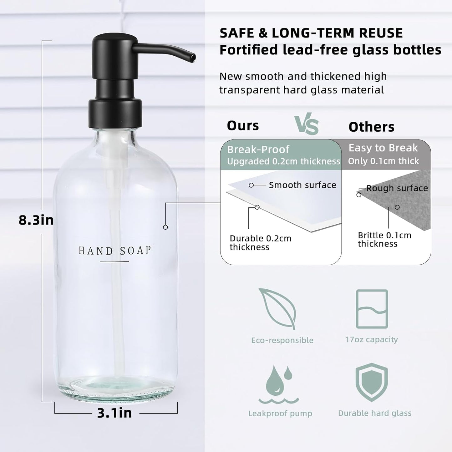 Glass Soap Dispenser - Dish Hand Soap Dispenser for Kitchen, Bathroom Soap Lotion Dispenser with 304 Rust Proof Pump, Tray, Clear Bottle/Black Pump