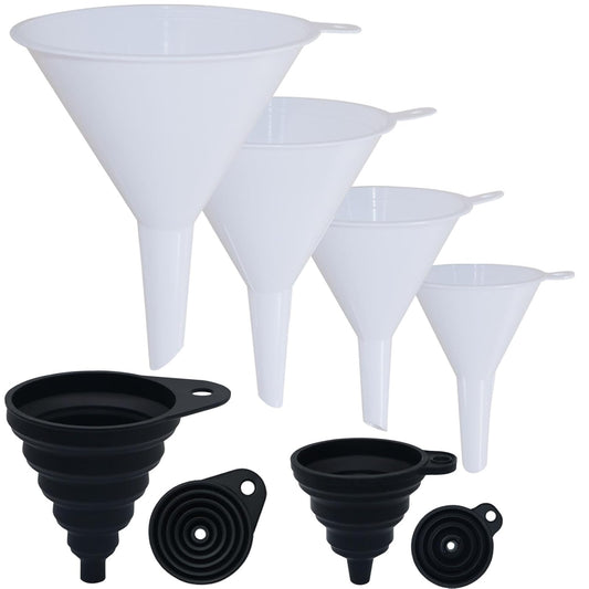 6 Pack Funnels for Kitchen Automotive Use Filling Bottles, Plastic Funnels Assorted 4 Sizes, Silicone Collapsible Funnel Set 2 Small and Large for Liquids, Oils, Powders Transfer, Cooking