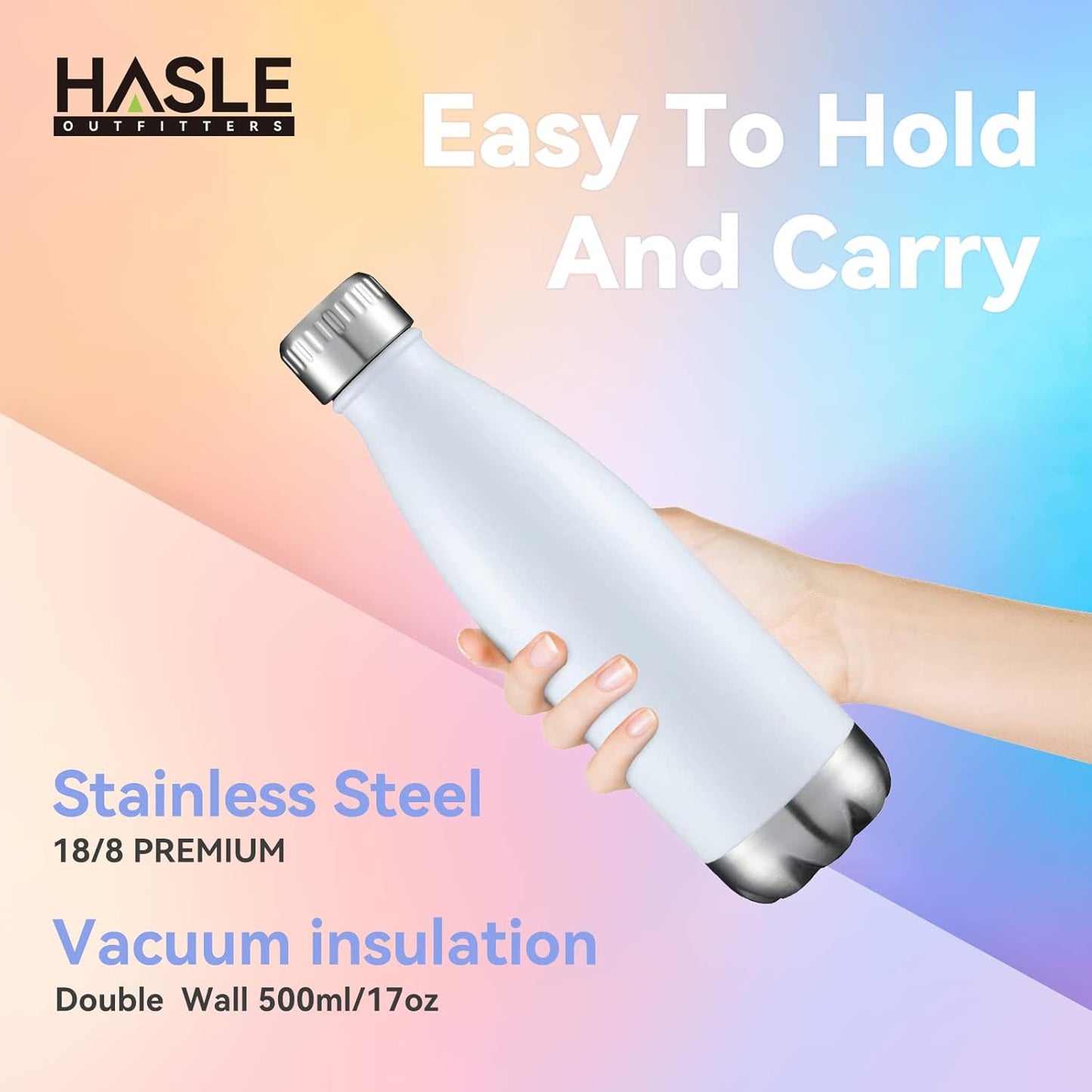 HASLE OUTFITTERS 17oz Stainless Steel Water Bottles Bulk, Vacuum Insulated Water Bottles Double Walled Powder Coated Reusable Metal Sports Water Bottles Keep Drinks Hot and Cold, White, 8Packs