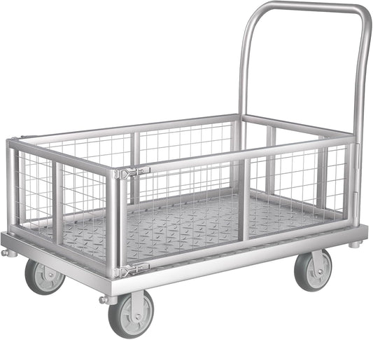 4-in-1 Platform Truck Cart with Cage, Multi-Purpose Heavy Duty Steel Flatbed Cart with 2200lbs