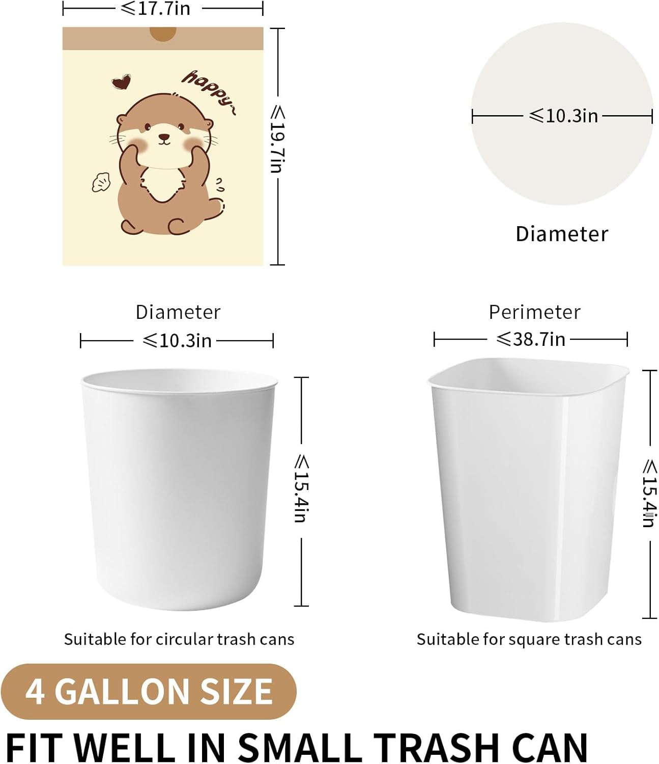 VOK 4 Gallon Trash Bags with Otters Printed, Drawstring Small Garbage Bags, Tear-Resistant & Odor-Control Bathroom/Kitchen Trash Can Liners, Bathroom Trash Bags with Secure Tie, 55 Counts