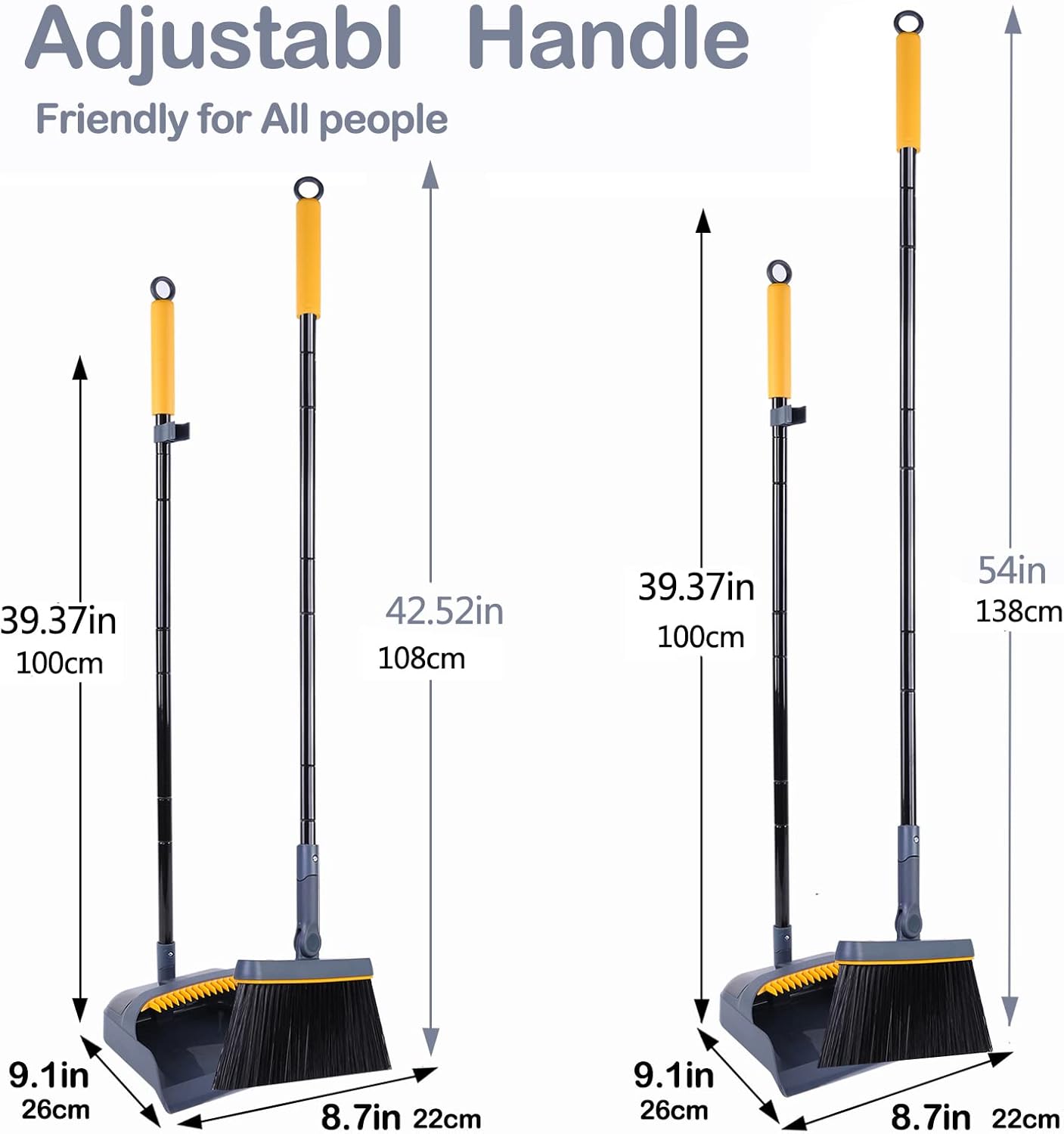 JEHONN Broom and Dustpan Set for Home, 54 Inches Long Handle Lightweight 180 Degree Rotating Indoor Upright Standing Dust Pan with Comb Teeth, Store Sweep Set for Room Kitchen Lobby Office