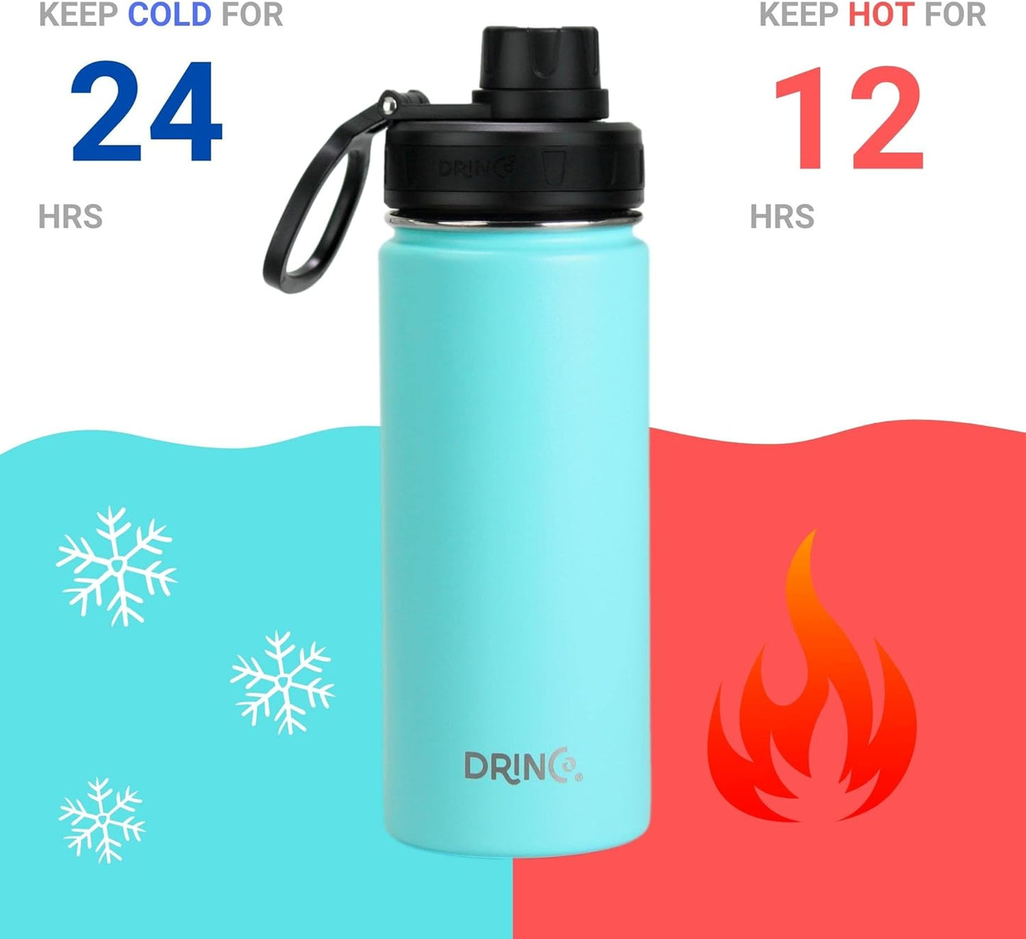DRINCO Stainless Steel Water Bottle Spout Lid Vacuum Insulated Double Wall Water Bottle Wide Mouth (40oz 32oz 22oz 18oz 14oz) Leak Proof Keeps Cold or Hot (18 oz, 18oz Teal)