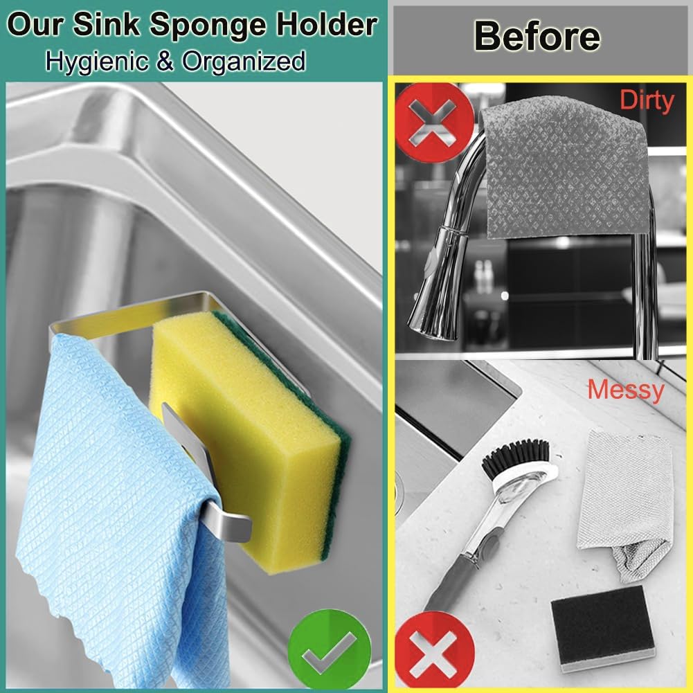 Sponge Holder for Kitchen Sink, Kitchen Sink Caddy, 2 in 1 Kitchen Sink Organizer Sponge Caddy, Adhesive Hanging, Suitable for Kitchen Brush, Dish Rag, Sponge, Gloves, 304 Stainless Steel