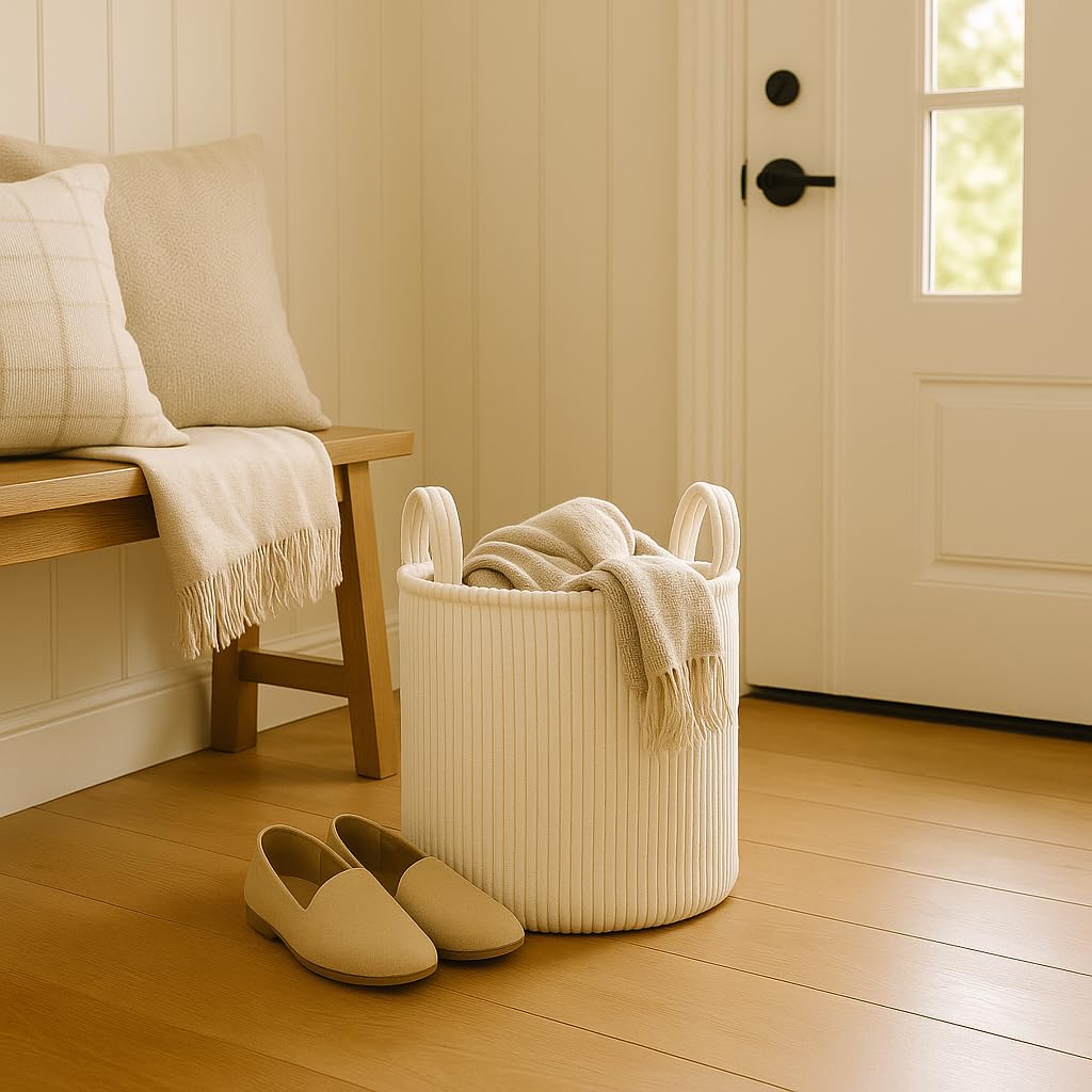 PUTSKA Blanket Basket – Round Storage for Toys and Blankets, Clothes, Stuffed Animals – Soft Baby Girl Basket for Nursery, Kids Room, Bedroom, Living Room – Regular, Cream