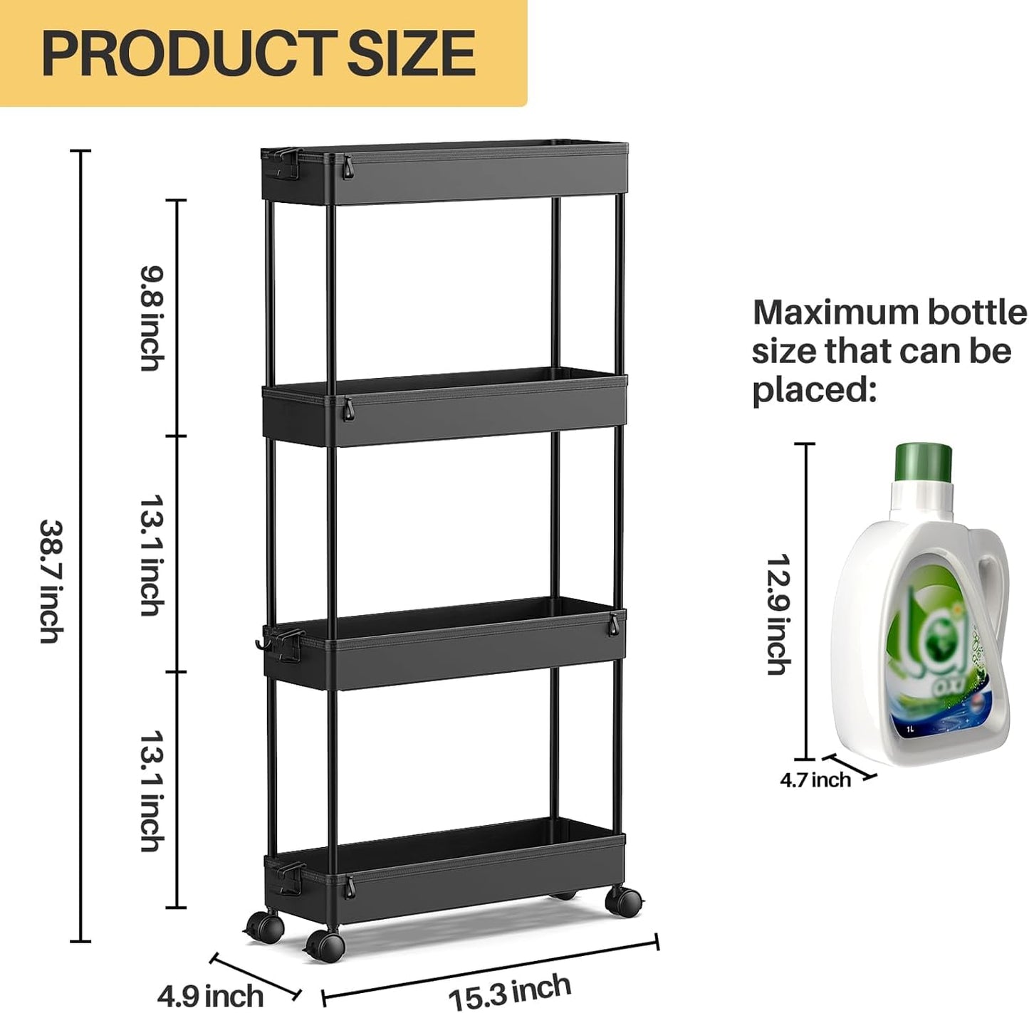 SPACEKEEPER Slim Rolling Storage Cart, 4 Tier Bathroom Cart Organizer,Black