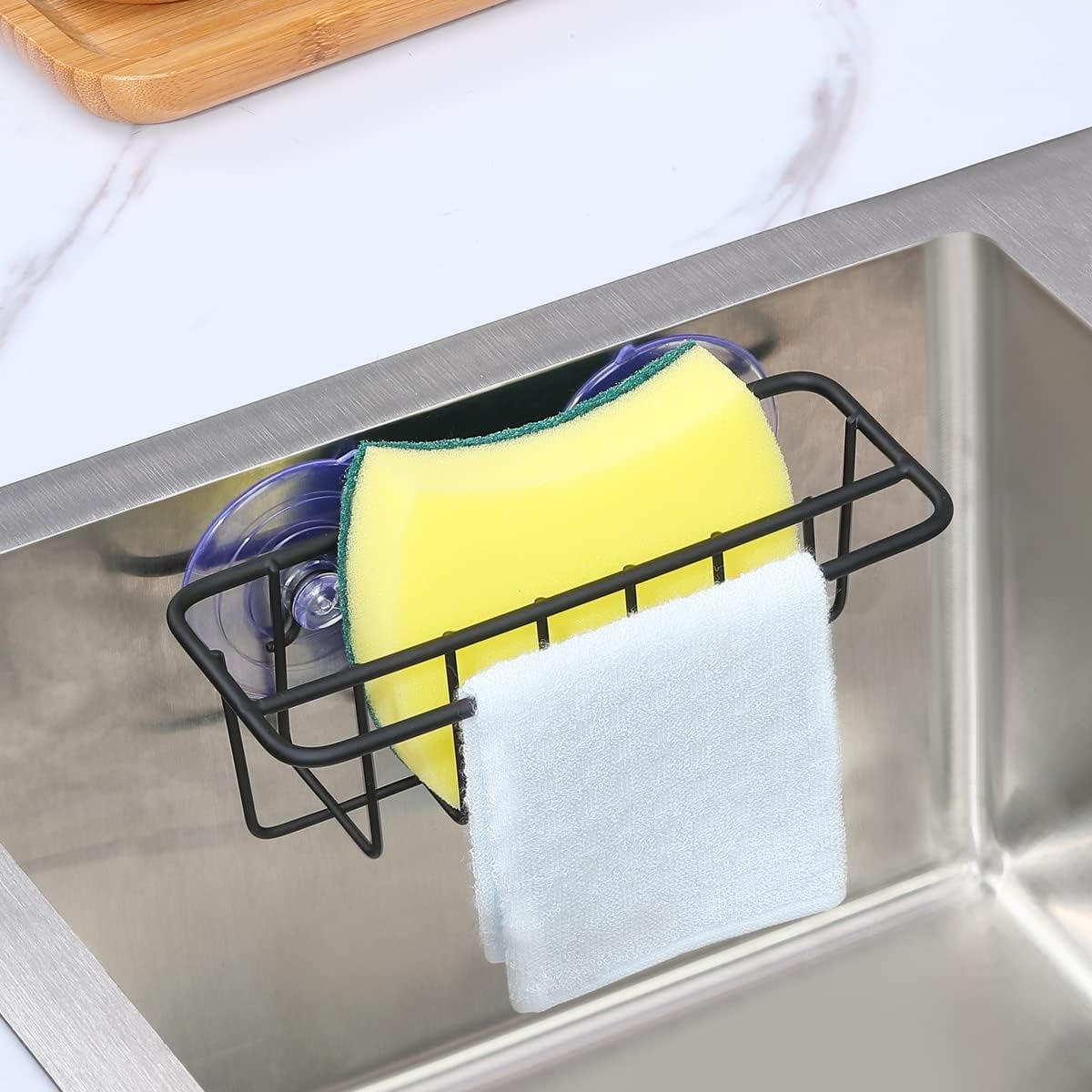 Sink Caddy Sponge Holder for Kitchen Sink Dish Cloth Hanger 2 Suspension Options(Suction Cups and Adhesive Hook), SUS304 Stainless Steel, Black