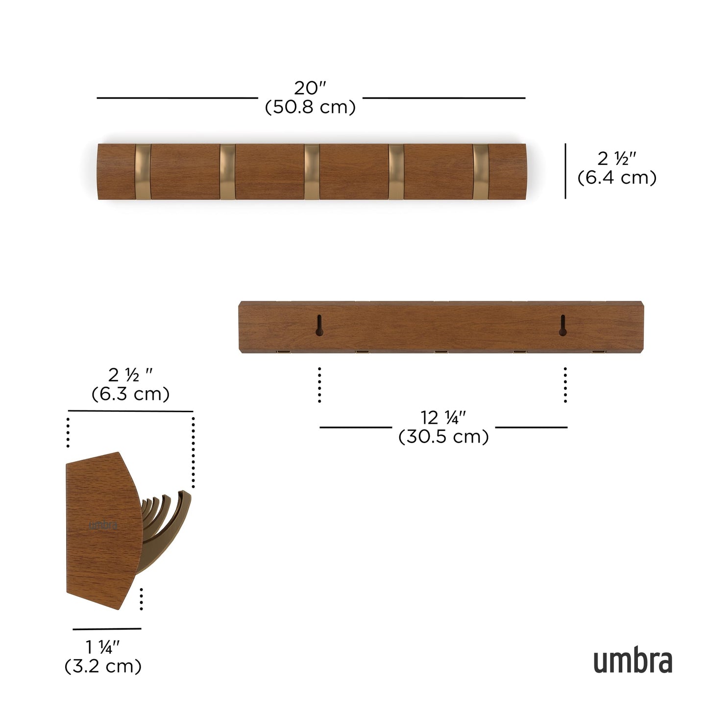 Umbra Flip Coat Rack, Wall Mounted 5-Hook Space Saving, Walnut/Gold