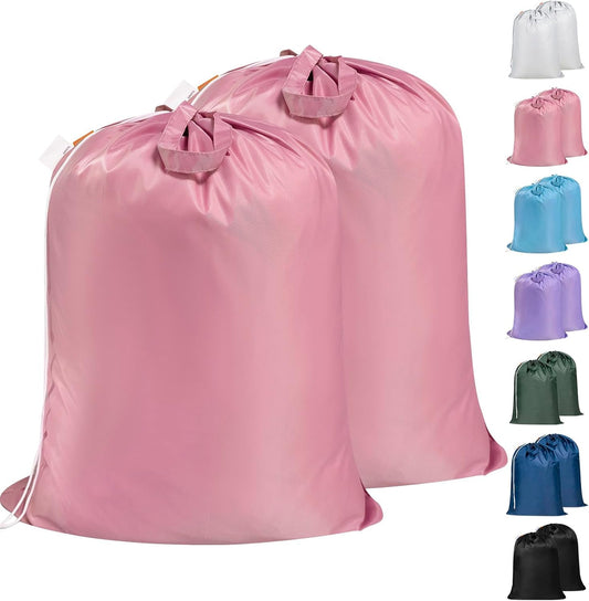 Polecasa Heavy Duty Large Laundry Bag with 130gsm Tear Resistant Fabric and Handles, Easy to Carry Durable Dirty Clothes Drawstring Bag, Perfect for College Dorm, Travel, 2 Pack 28”x36”, Pink