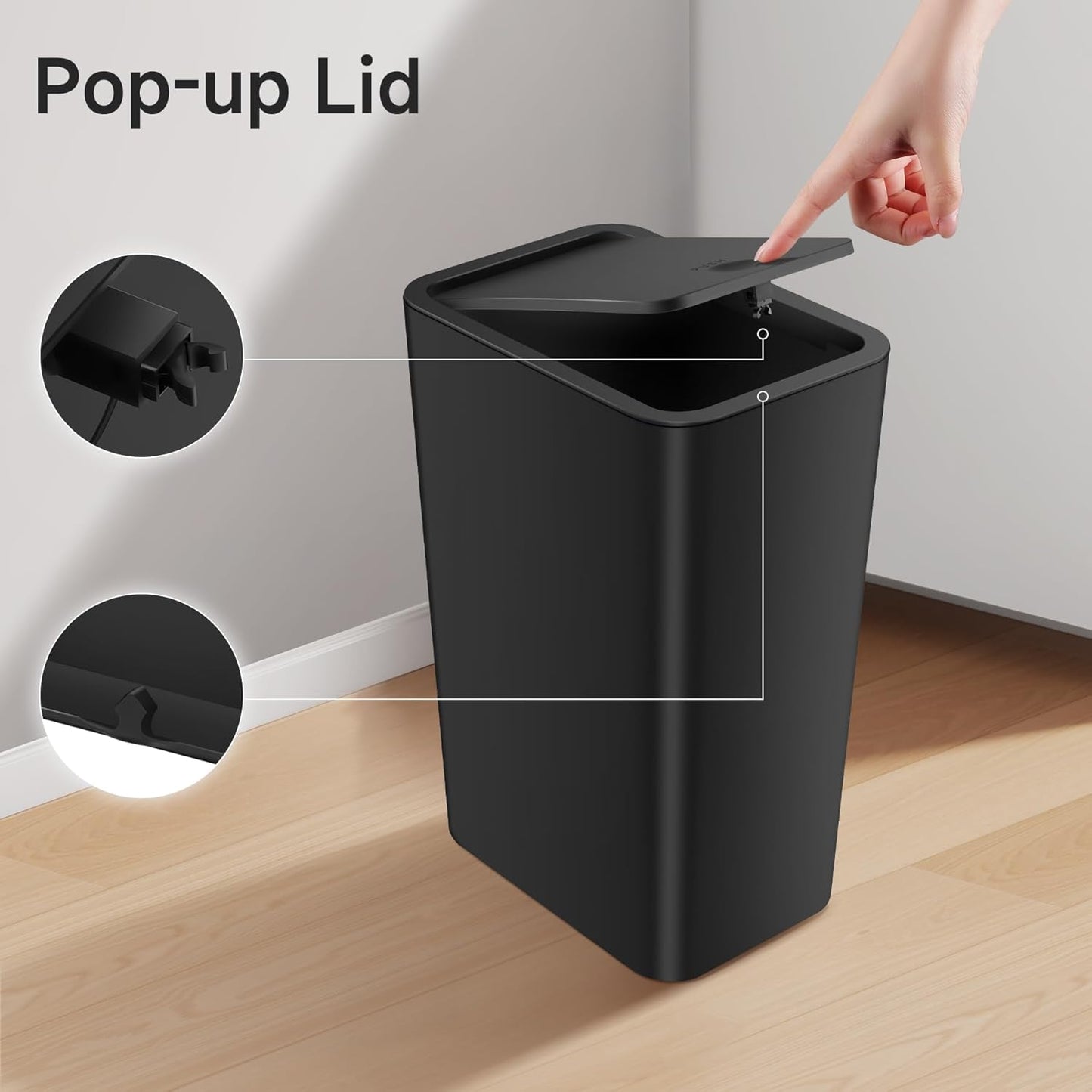 TIPGO Bathroom Trash Can with Lid, 4 Gallon / 15 Liter Small Garbage Can, Press Top Bin, Plastic Wastebasket with Pop-Up Lid for Bedroom, Living Room, Office (Black)