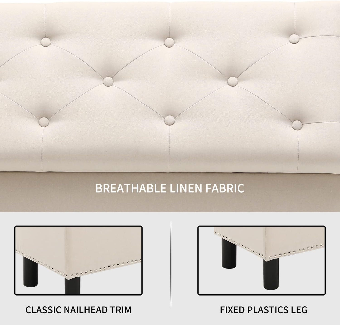 Furnimart 42.5 Inch Storage Ottoman Bench, Flip Top End of Bed Storage Bench, Upholstered Blanket Bench for Bedroom, Entryway, Living Room, Tufted Linen (Beige)