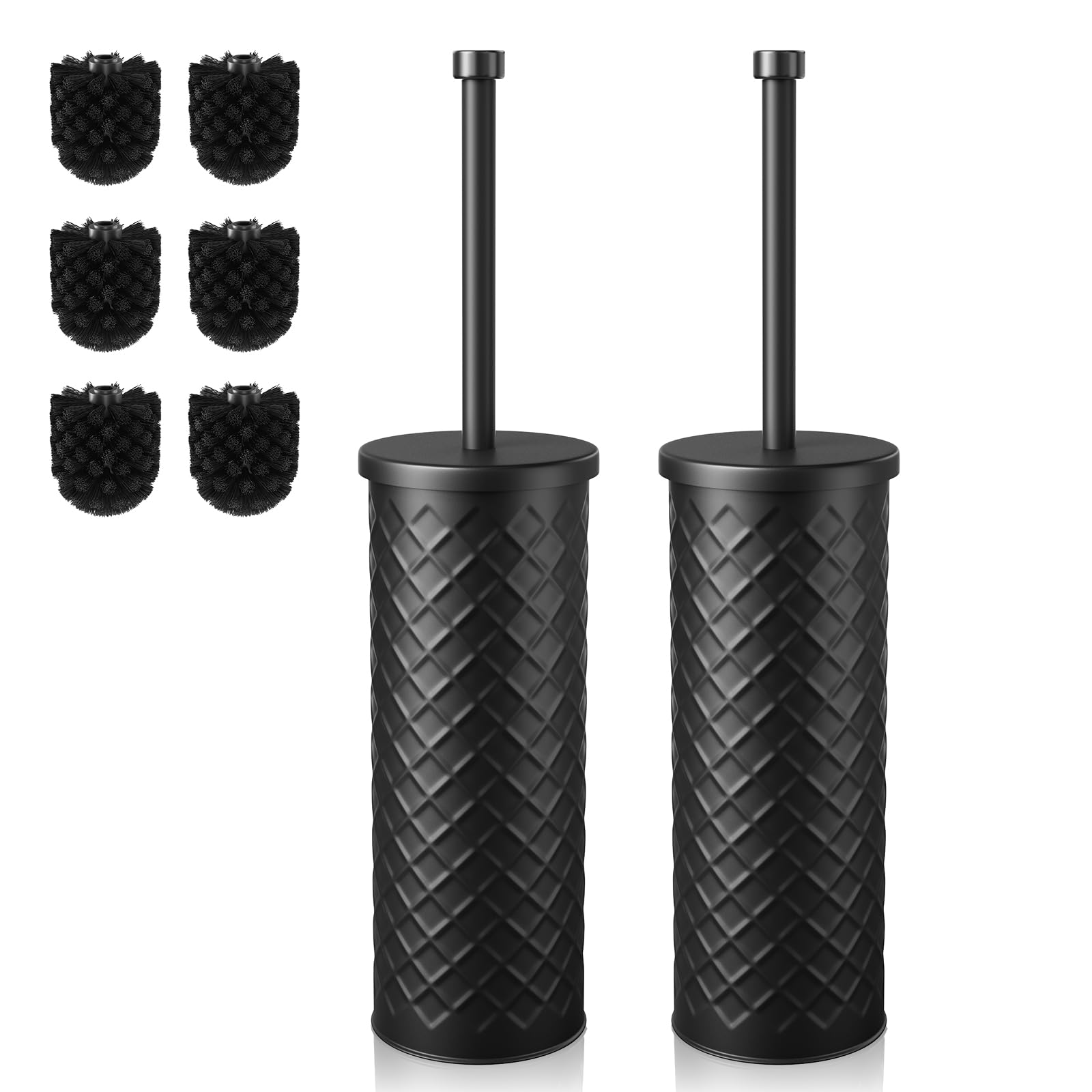 Toilet Bowl Brush and Holder Set 2 Pack with 4 Extra Brush Heads (Black)
