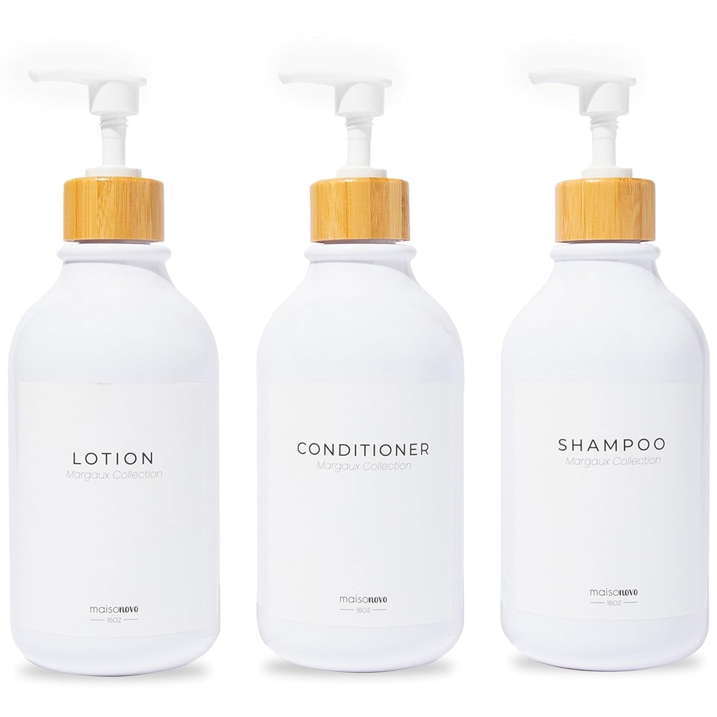 MaisoNovo Refillable Shampoo and Conditioner Bottles | 16.9 fl oz Set of 3 White Plastic Bottles White Bamboo Pumps
