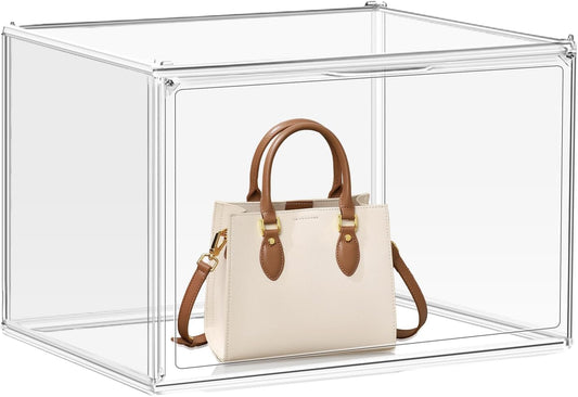 1Pack Clear Stackable Plastic Storage Bins with Magnetic Lid, X-Large Acrylic Display Cases for Book Cosmetic Figures Collectibles Showcase, Shoe Box, Bag Organizer