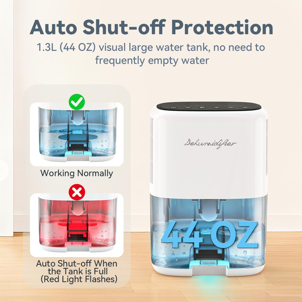 Small Dehumidifier for Home 44OZ Quiet with Auto Off & Defrost 5 Timers 3 modes 10 Color Lights 3