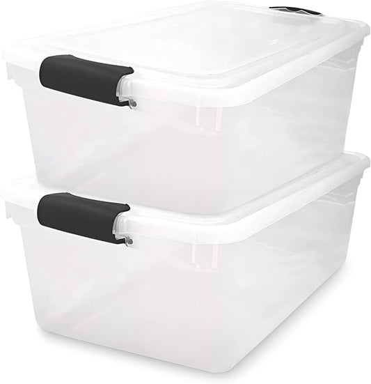 HOMZ 2-Pack Secure Latch, Clear Plastic Storage Organizer Bins, 64 Quart, Gray Latches - Stackable Container Boxes for Bedroom, Bathroom, Garage, and Office Organization