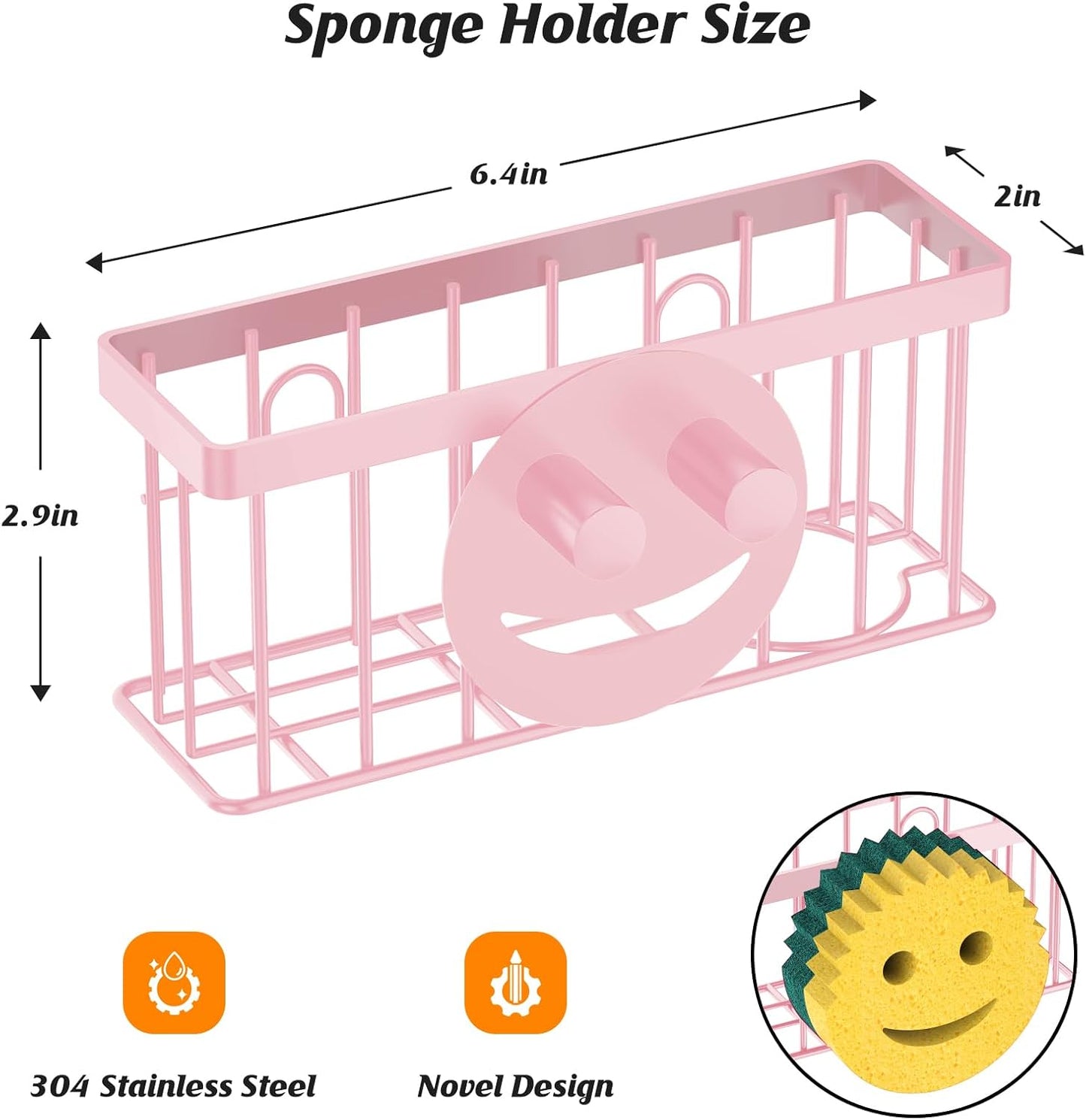 Sponge Holder Smiley Face,Sink Caddy,Sink Organizer with 2 Suction Cups/1 Adhesive Strips,Designed for Sponge,Soap,Dish Brush,Scrubber - Pink