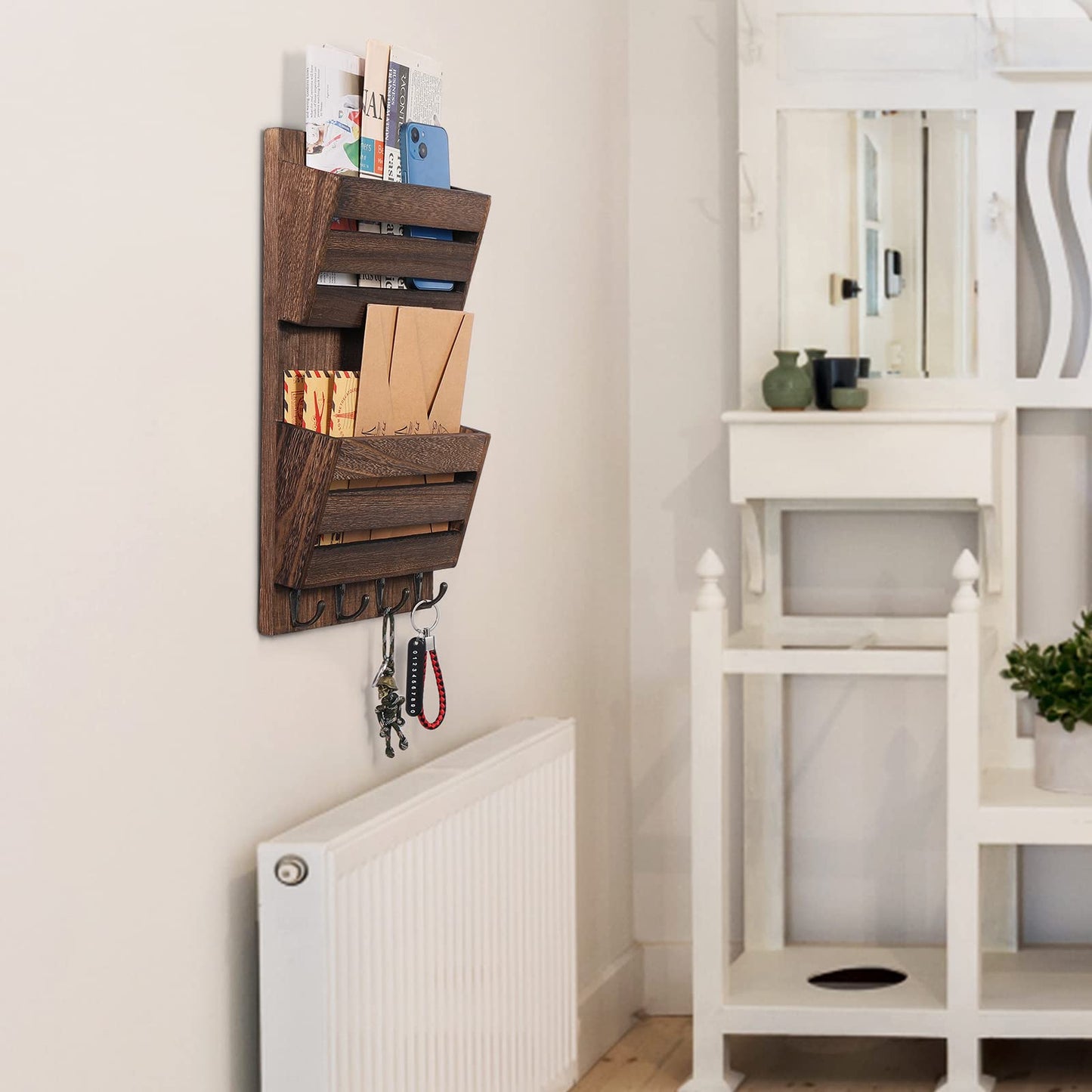 MOOACE Mail Organizer Wall Mount, Wood Mail and Key Holder with Hooks