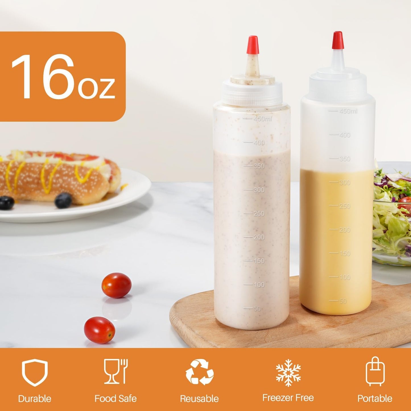 Squeeze Bottles, 16oz Leak-Proof Wide Mouth Condiment Squeeze Bottles for Liquids Sauces Ketchup Oil, 6 Pack