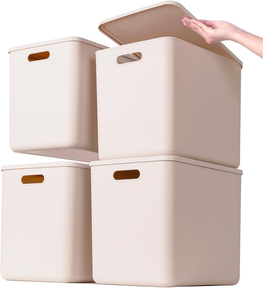 Plastic Storage Bins with lids,Storage Baskets,Container with handle,Storage Organizer Bins for Shelves,Office,Bedrooms,Closets, Cabinets(Grey，4XL)