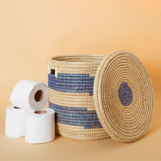 Storage & Organization - Laundry Basket, Bedroom Hamper, Nursery Toys Bin, Living Room Blankets Storage, Decorative, Wicker, Sturdy, Round, Handles, Woven, Blue Beige (Small)