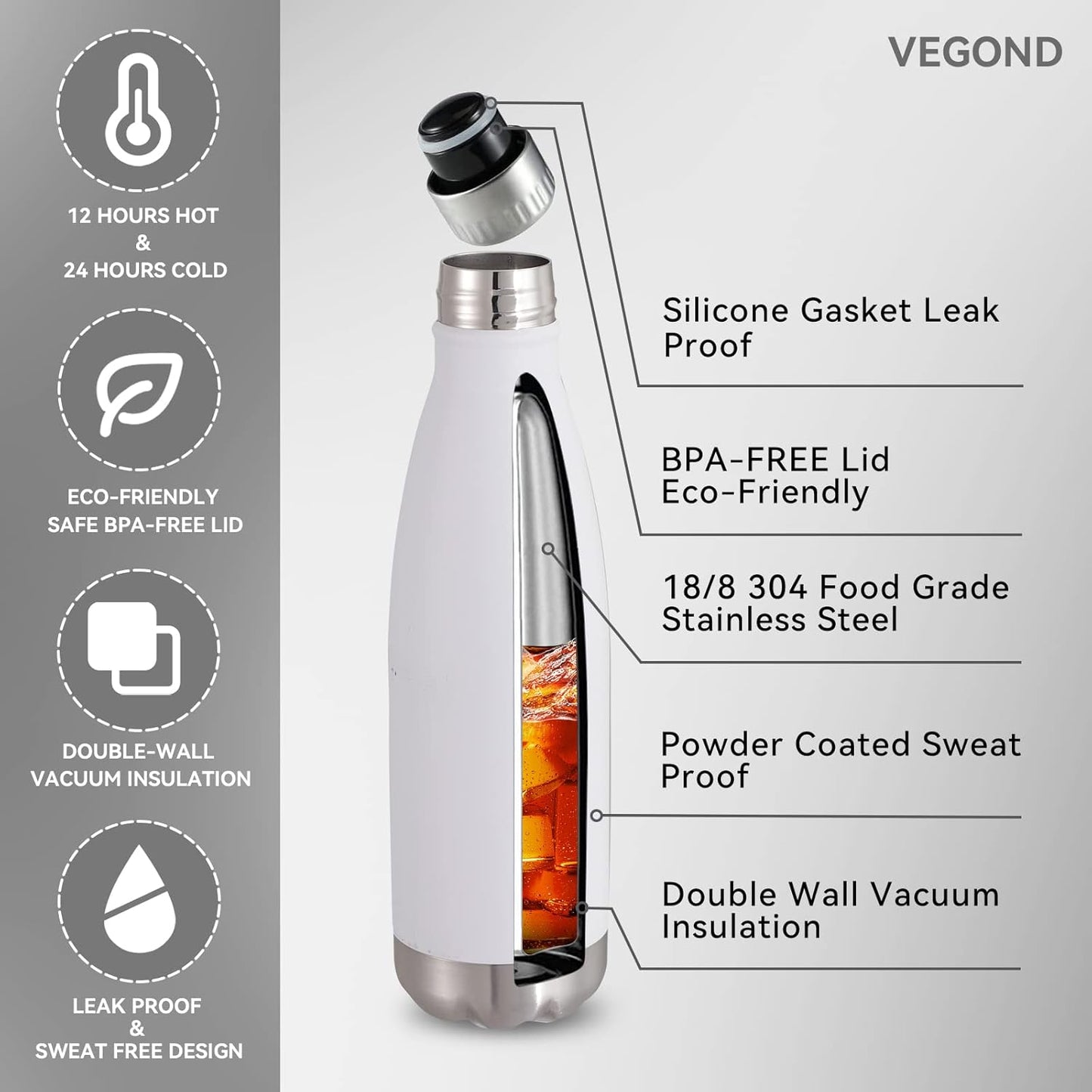 VEGOND 17oz Stainless Steel Water Bottles Bulk, Reusable Metal Sports Water Bottle Keeps Drink Hot and Cold, BPA Free Double Wall Vacuum Cola Shape Insulated Water Bottles for Camping Gym, 8 Pack