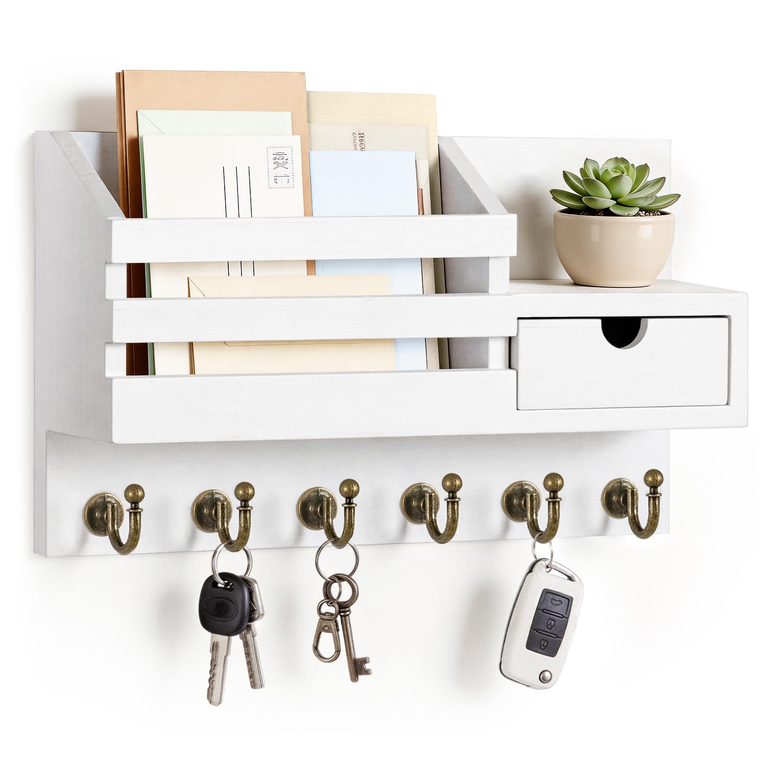 FifthQuarter Key and Mail Holder Wall Mount with Drawer and 6 Sturdy Hooks