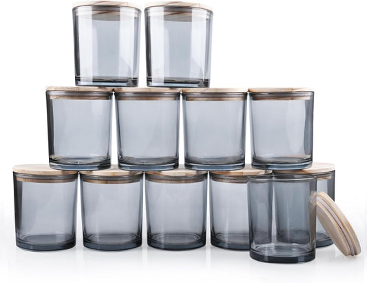 14 OZ Thick Candle Jars for Making Candles 12 Pcs, 3 Wick Empty Jars with Wood Lids for Candle